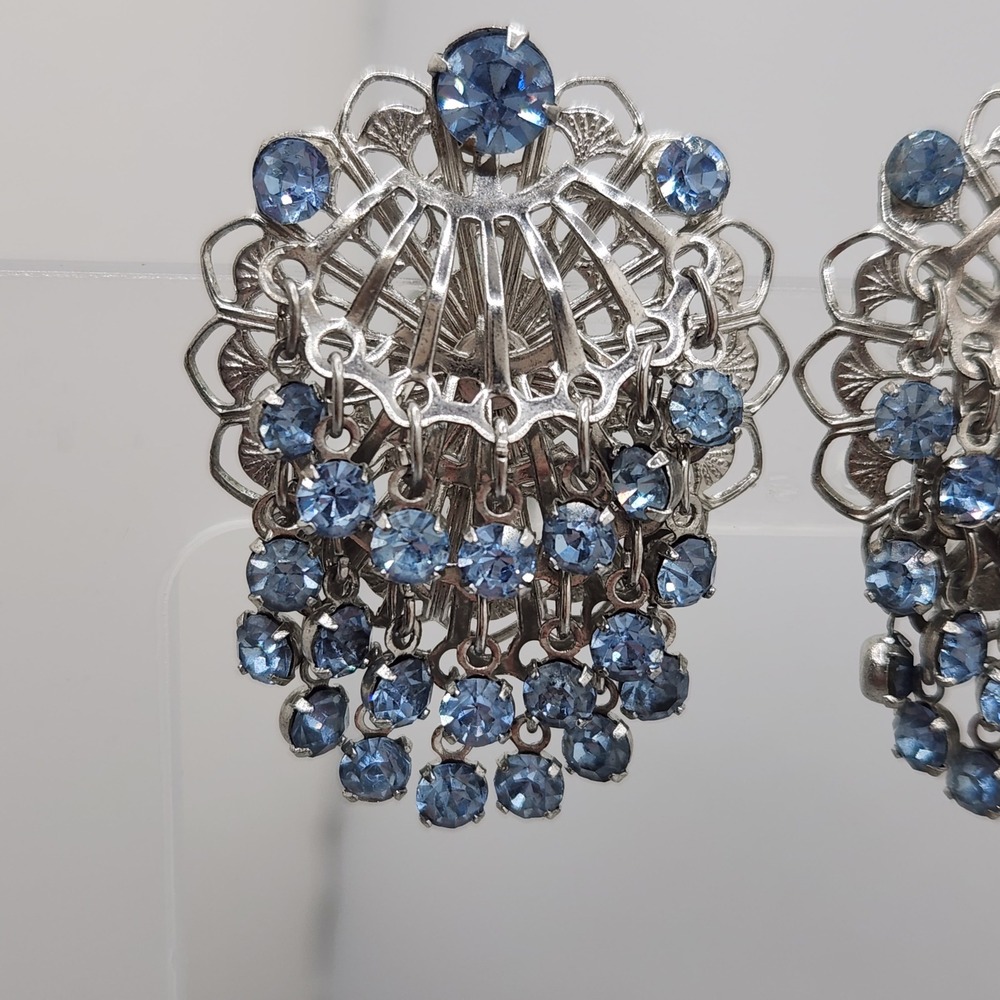 Vintage Sky Blue Rhinestone Silver Filigree Waterfall Clip On Earrings RetroGlam - Picture 3 of 10